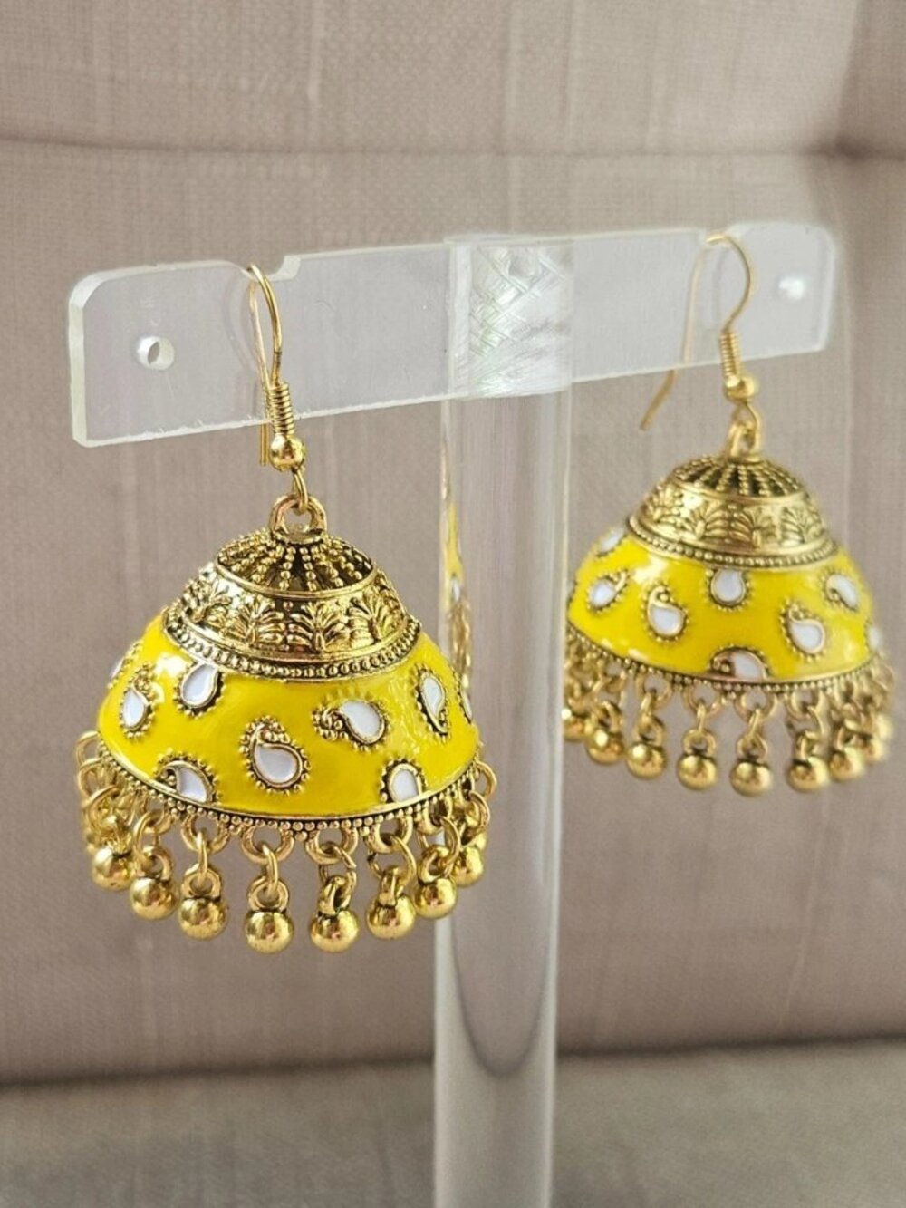 Jhumka Earrings Yellow Enamel Gold Tone Fashion Ear Jewelry Chandelier Earrings - Picture 6 of 11